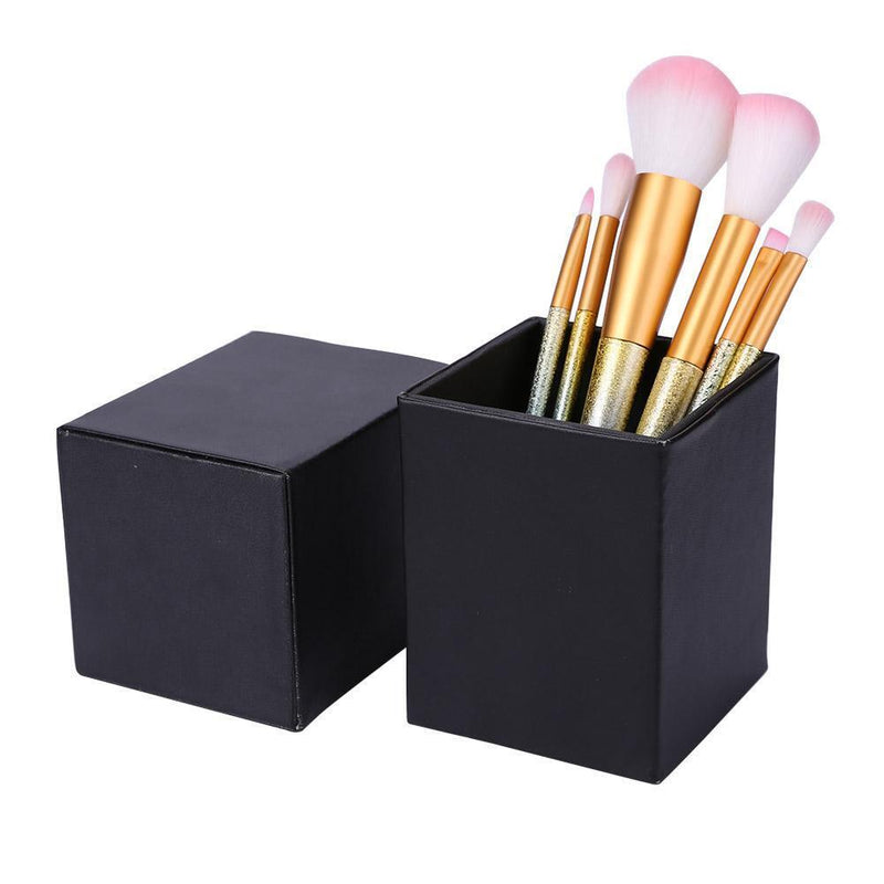 Square Leather Makeup Brush Holder Travel Cosmetic Pen Storage Cup (Black)