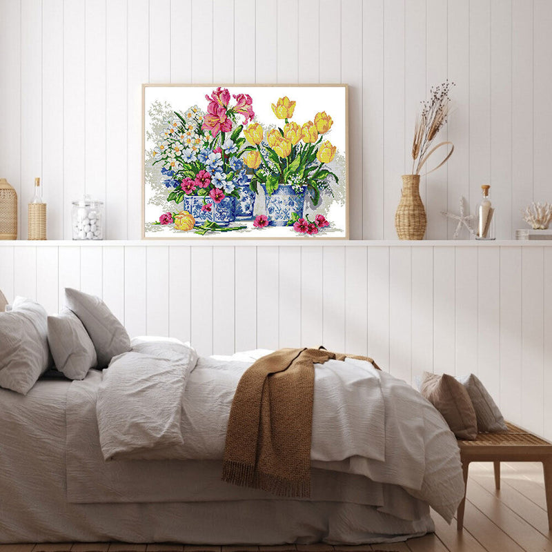 Full Cross Stitch 14CT Cotton Thread DIY Fresh Flowers Printed Embroidery Kits