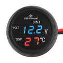 3 in 1 12/24V Car LED Digital Voltmeter Gauge+Thermometer+USB Charger(Blue)