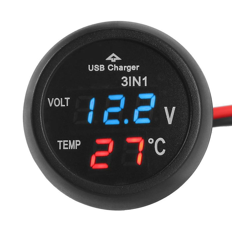 3 in 1 12/24V Car LED Digital Voltmeter Gauge+Thermometer+USB Charger(Blue)