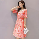 Women Elegant Print Dress O Neck Frill Half Sleeve Lace Up Tunic A-line Dresses