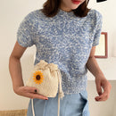 Women Straw Woven Shoulder Bag Ladies Sunflower Drawstring Small Crossbody Pouch