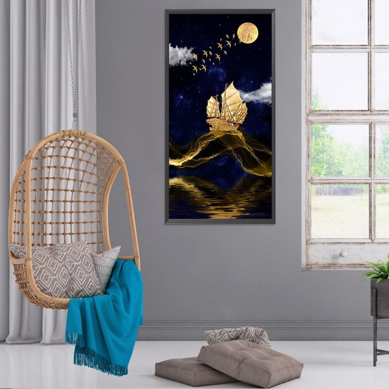 5D Diamond Painting Kit Golden Sailboat Full Round Drill Rhinestone DIY Wall Art