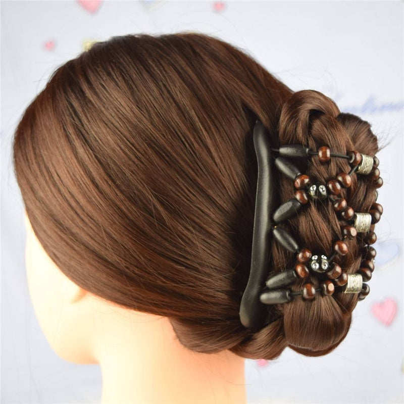 Women Clip Stretchy Hair Accessories  Wood Beads Magic Hair Comb  Double