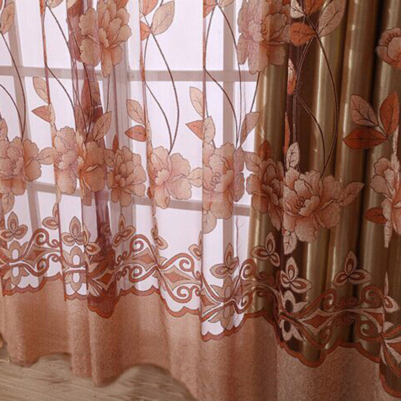 Floral Tulle Voile Window Screening Shading Window Curtain (Coffee)