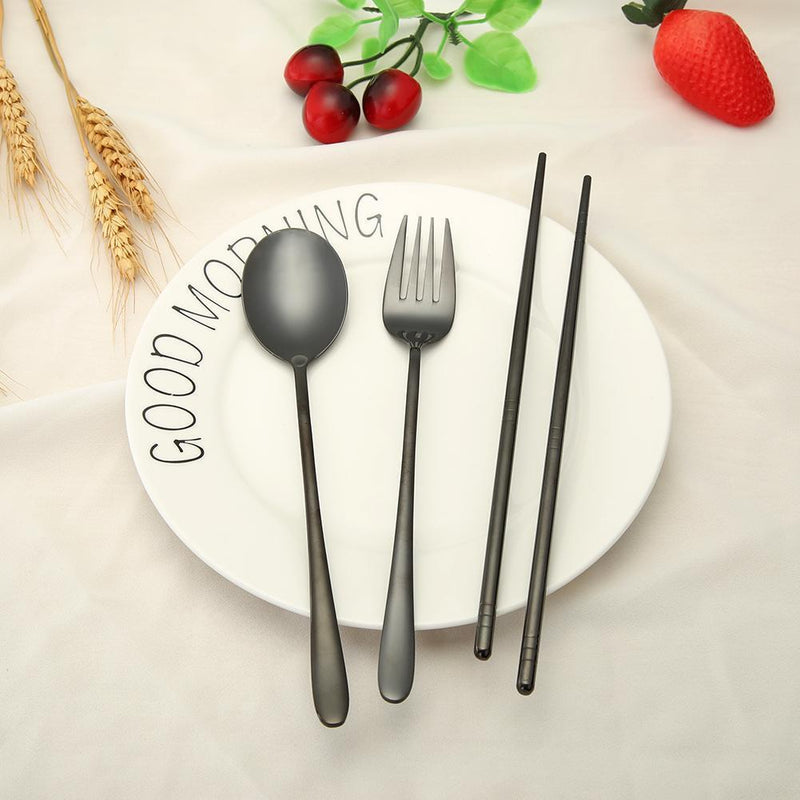 4pcs Stainless Steel Tableware Set Spoon Fork Chopsticks Gifts (Black) Newly