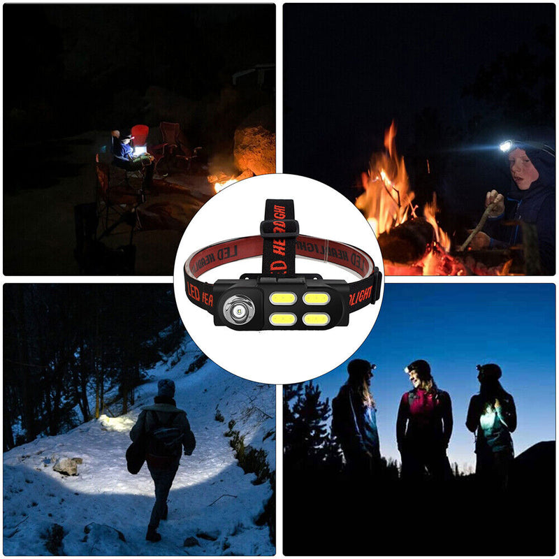 USB Rechargeable COB LED Headlamp Waterproof 4 Gear Induction Warning Head Torch