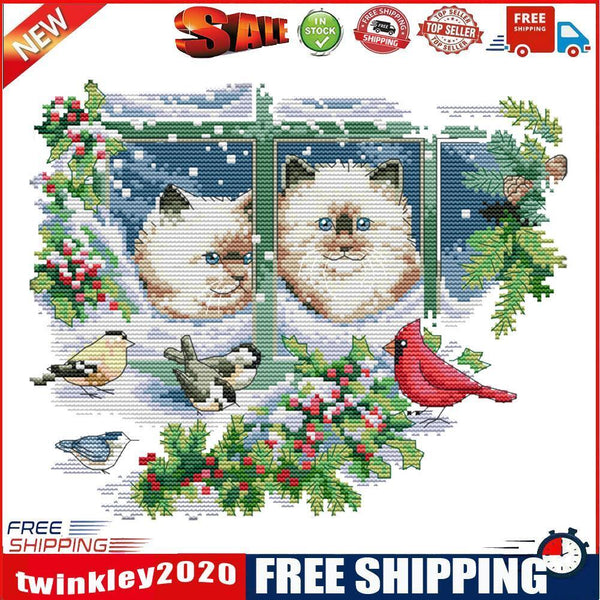Stamped Cross Stitch Winter Kitties 2-Strand 14CT Embroidery DIY Set (D379)