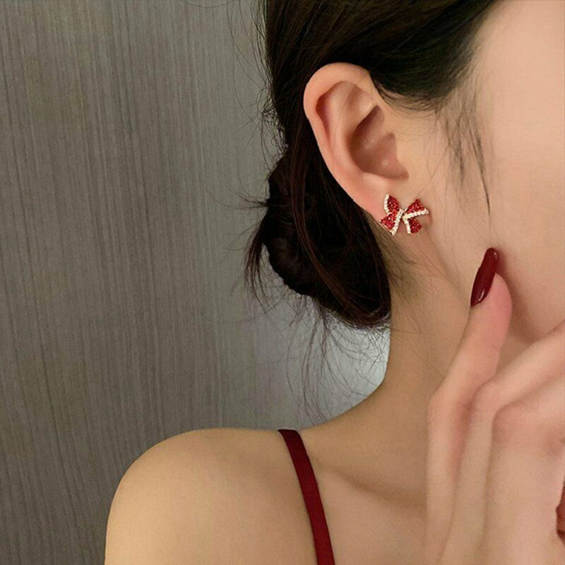 Women Hoop Rhinestone Copper Red Bow Earrings Stud Jewelry Zircon Dangle