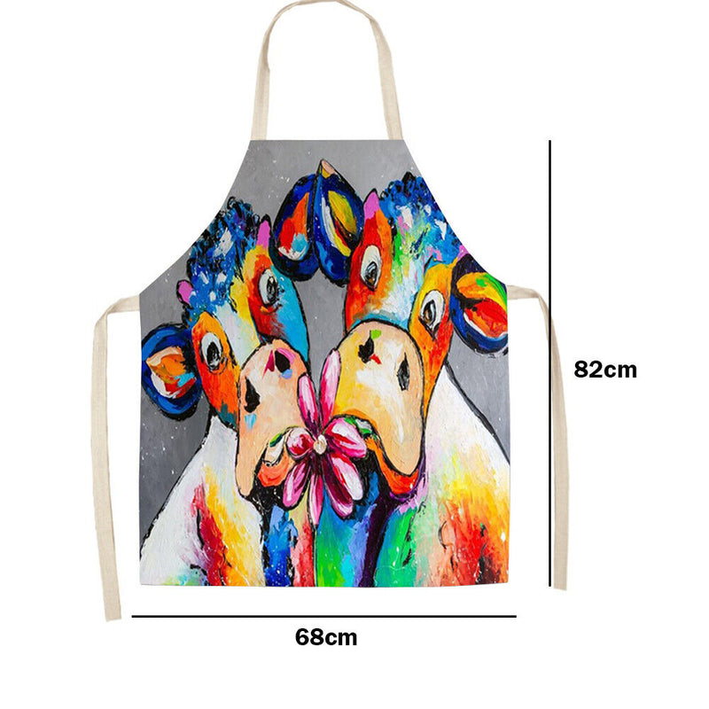 Oil Paint Cattle Print Kitchen Linen Apron Waterproof Bibs Pinafore for Women
