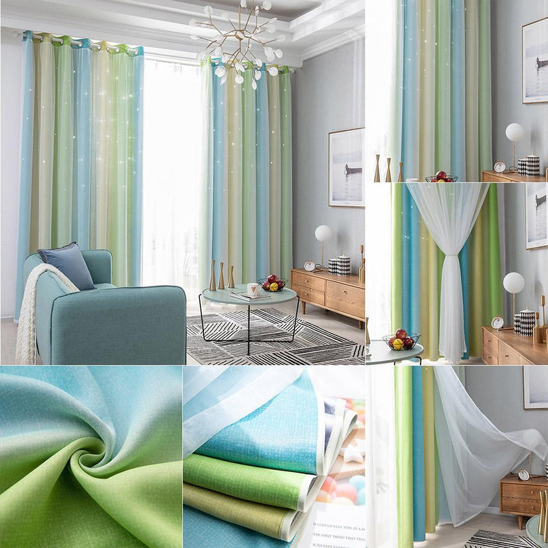 Gradient Hollow Star Curtain Bedroom Full Blackout Window Drapes (Green)