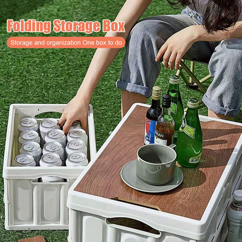 Folding Car Trunk Storage Box Wooden Lid Outdoor Camping Organizer (White)