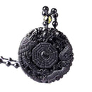 Lucky Obsidian Carving Pendant Yin Yang Dragon and BaGua Necklace Black X1D8