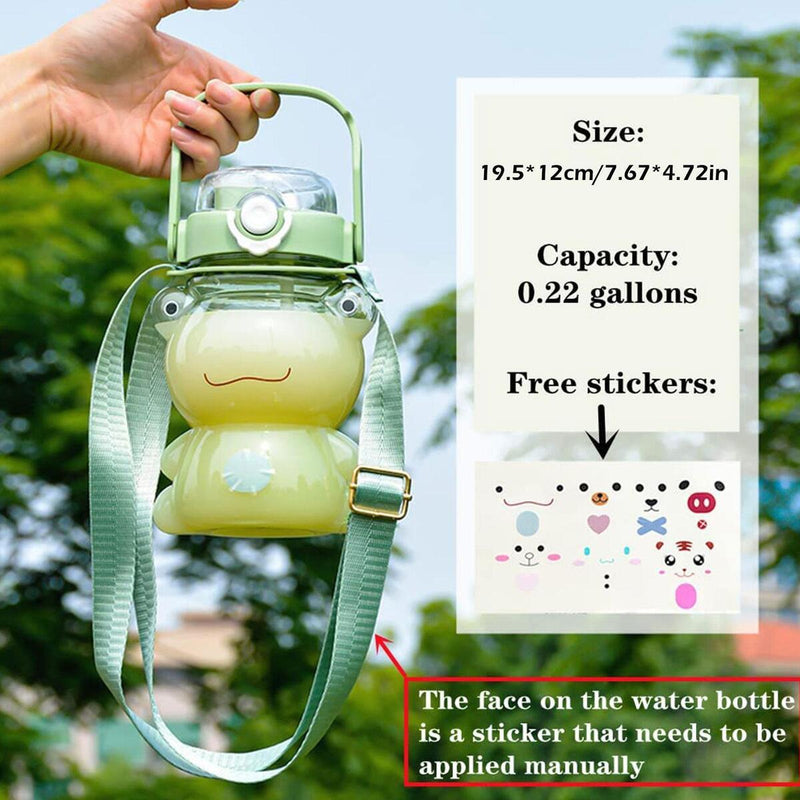 Frog Water Bottle with Straw and Strap Plastic Drinking Bottle Leakproof~