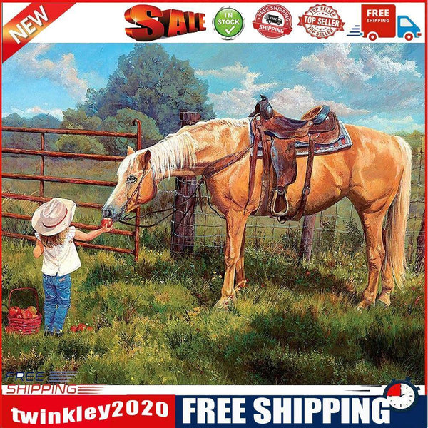 Frameless Oil Paint By Numbers Feeding Horse Girl DIY Canvas Picture Kit