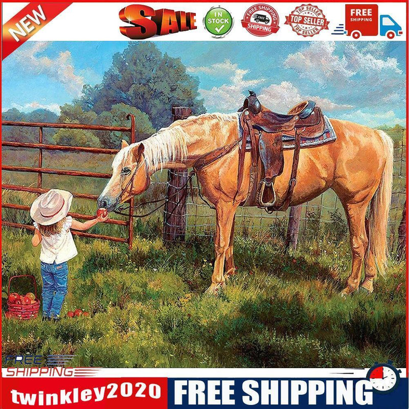 Frameless Oil Paint By Numbers Feeding Horse Girl DIY Canvas Picture Kit