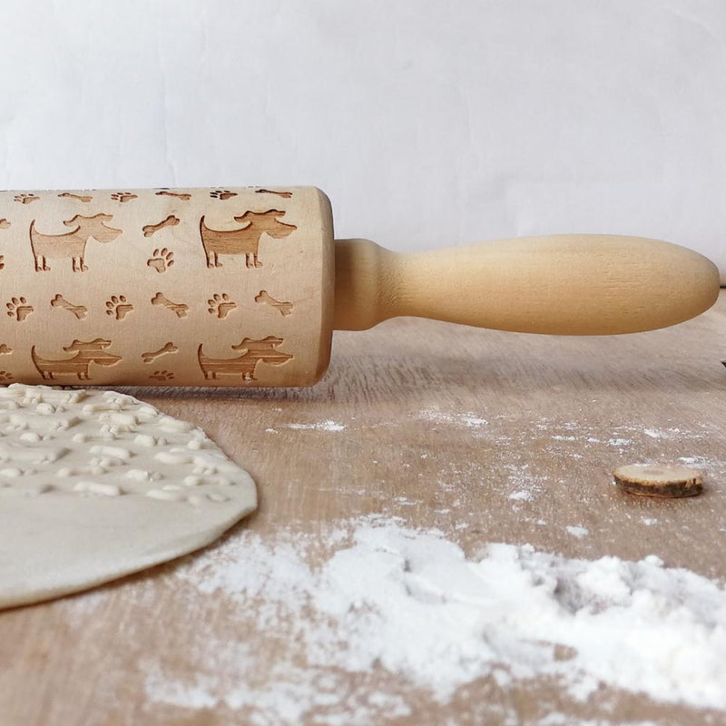 Dog Bone Engraved Embossing Wood Rolling Pin for DIY Baking Cookies Noodle