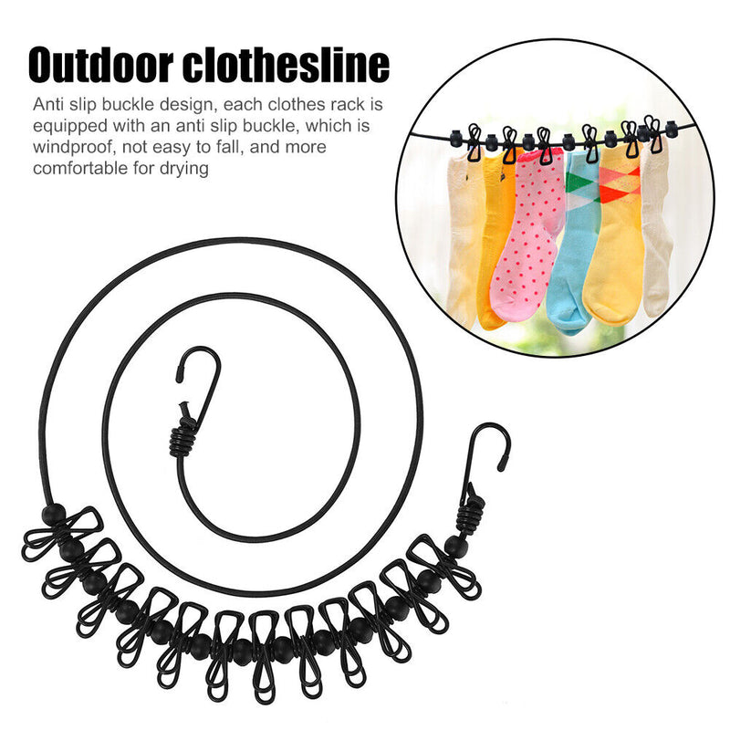 Travel Clothesline w/ 12 Clips Anti Slip Camping Cloth Hanger Rope (Black) Newly