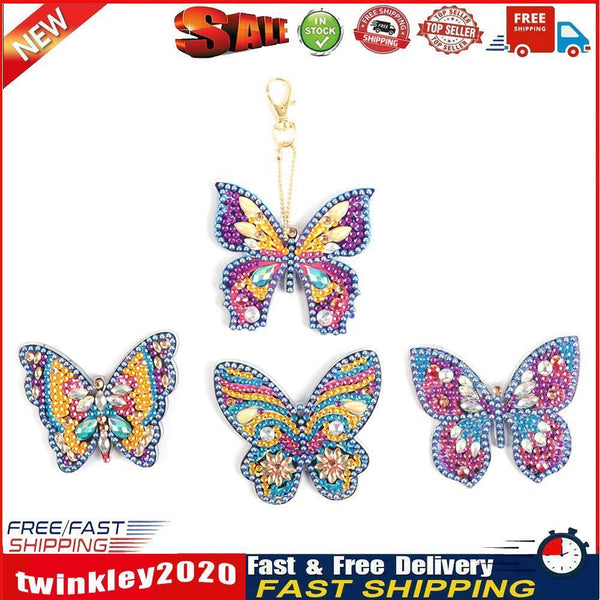 4pcs Butterfly 5D Full Drill Special Diamond Painting Key Chain Key Ring Newly