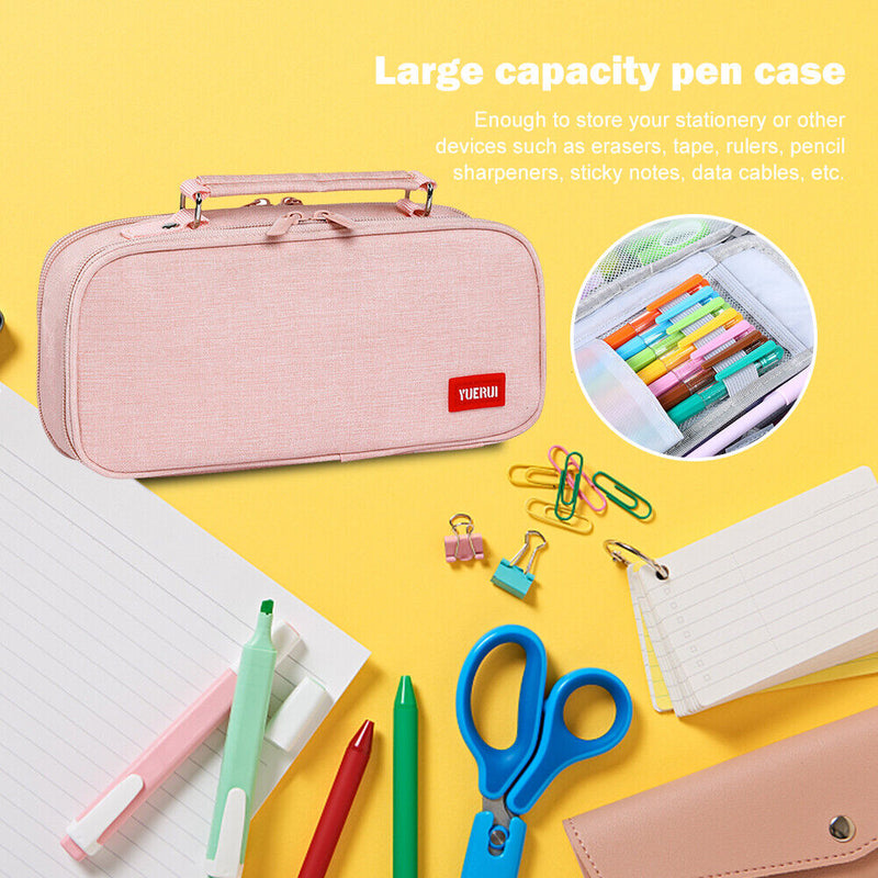Large Capacity Pencil Case Spacious Canvas Stationery Storage Bag (Pink) Newly