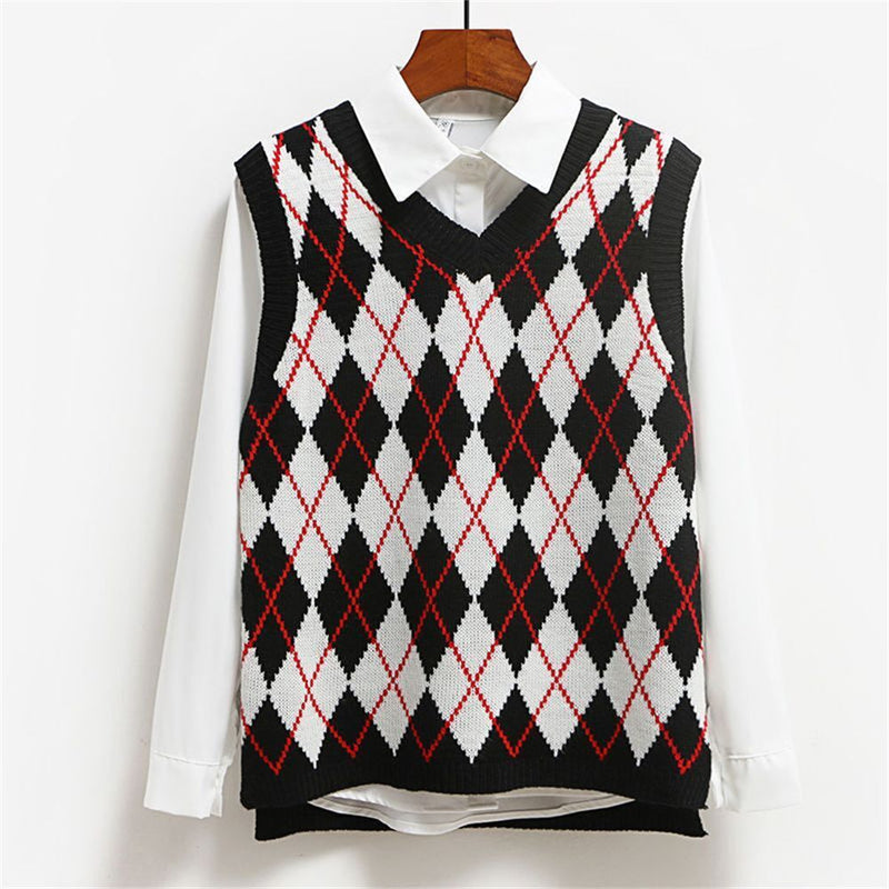 Y2K Preppy Style V Neck Knitwear top Plaid Knitted Sweater Vest Sleeveless