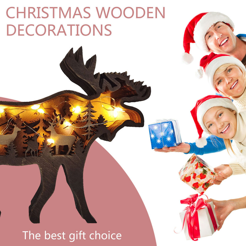 Wooden Ornaments Hollow Multi-Layer Animal Scene Display with Light (Deer) Newly
