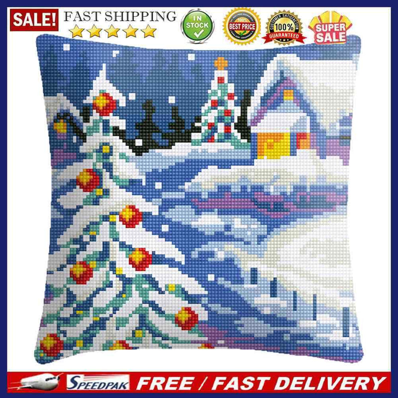 Snow Scene Stamped DIY Cross Stitch Throw Pillowcase 6CT Kit for Car Office Sofa