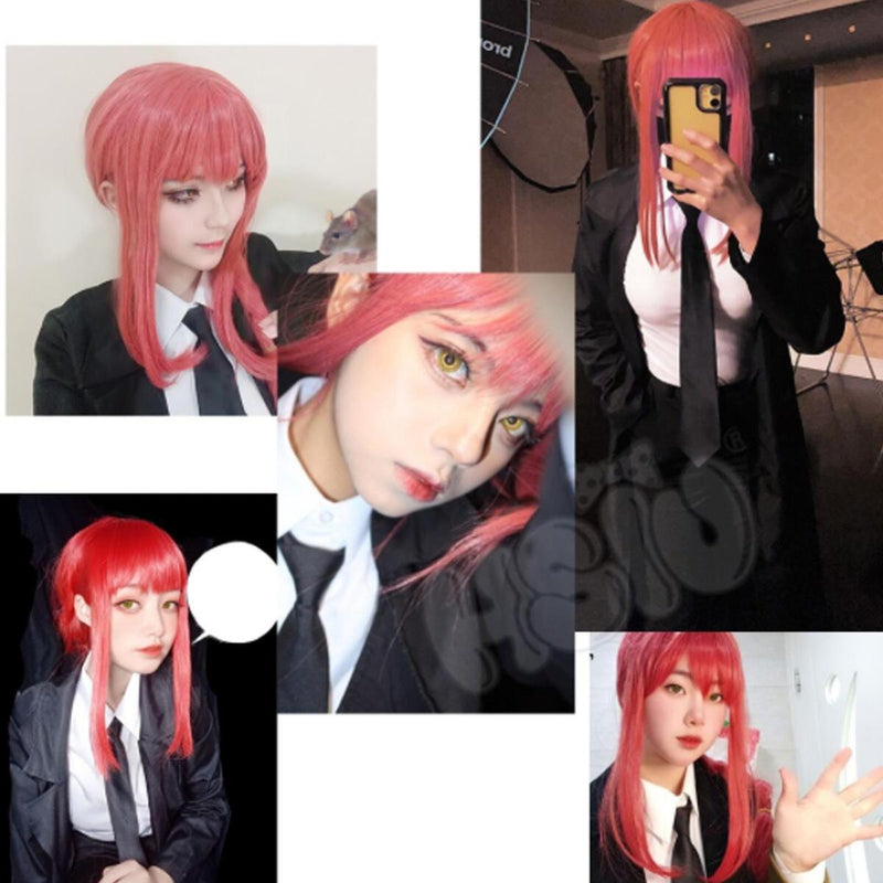 Anime Chainsaw Man Makima Pink Long Braid Hair Cos Costume Wig with Free Cap`