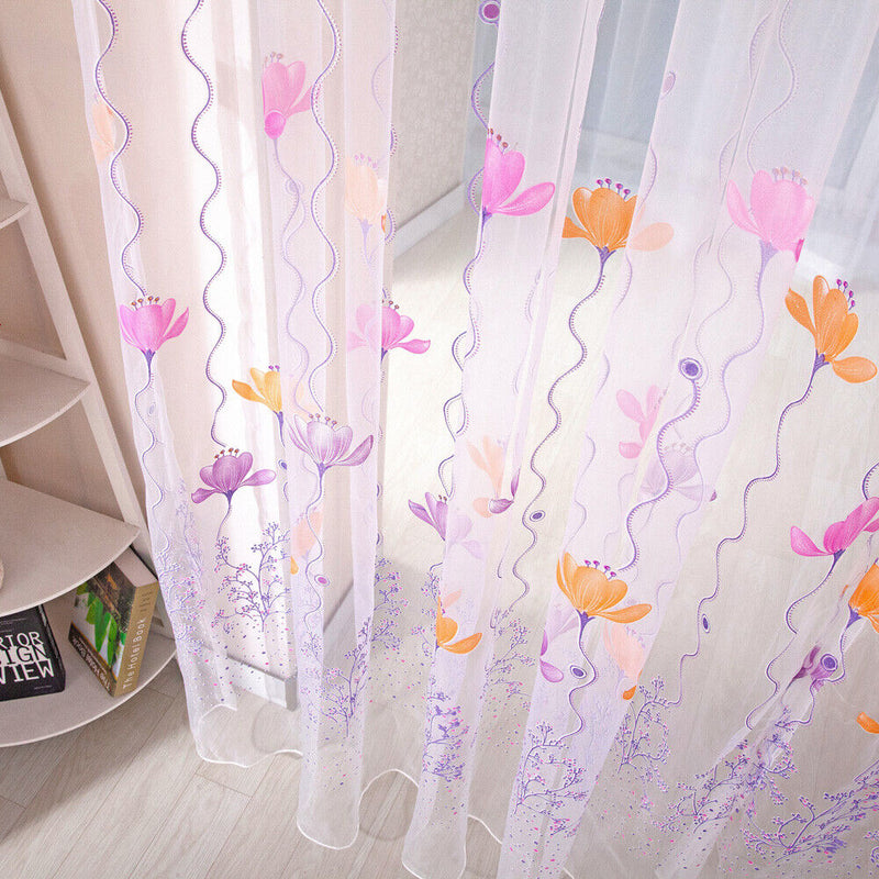 Flowers Print Translucent Curtains Windows Decor Tulle Sheer Drapes Purple