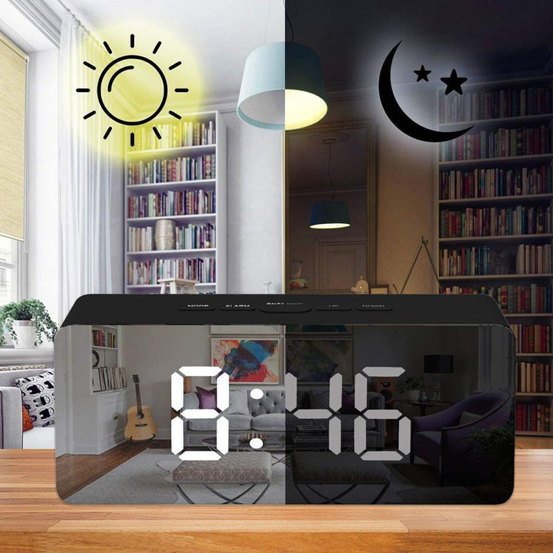 LED Mirror Alarm Clock Wake Up Light Electronic Digital Snooze Table Clock
