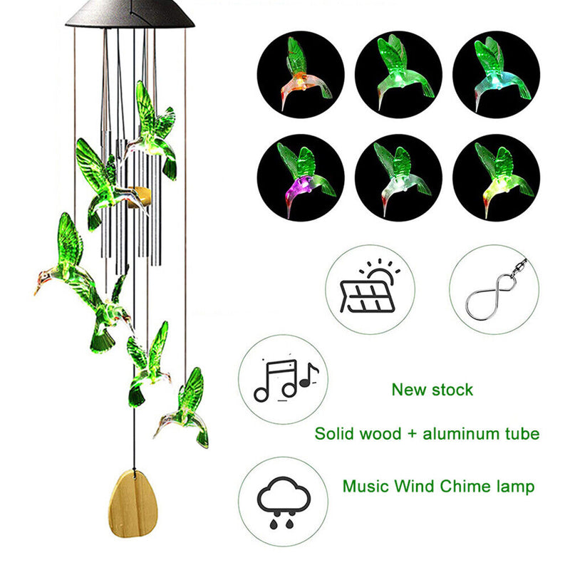 Colorful LED Solar Light Outdoor Wind Chime Hummingbird Pendant Lamps (A) Newly