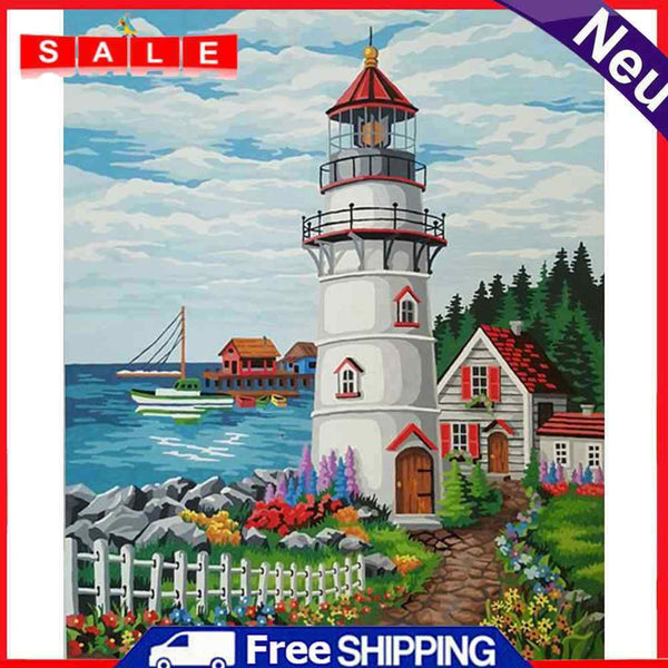 Hand Painted Oil Paint by Numbers DIY Lighthouse Drawing Wall Decoration Gift