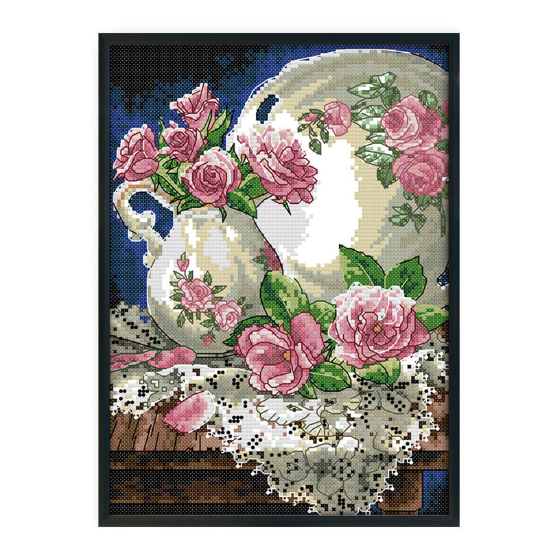 Cross Stitch 14CT Stamp Canvas Vase and Rose Embroidery DIY Handwork (J283)