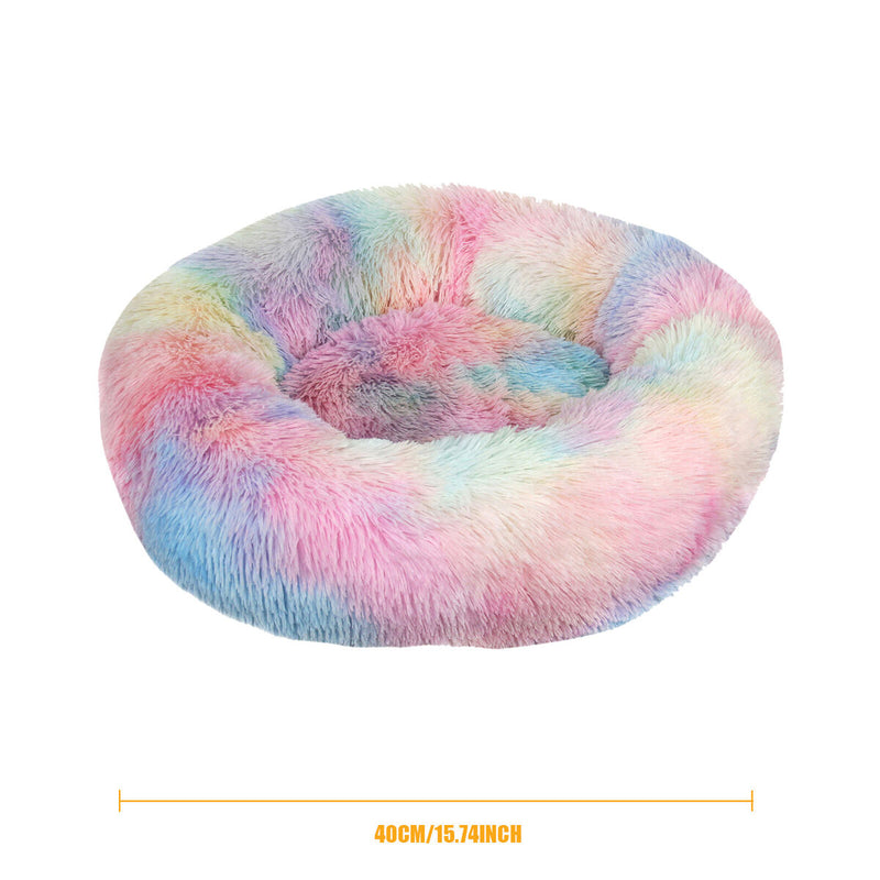 Calming Dog Bed - Round Faux Fur Donut Cuddler for Dog & Cat (Rainbow) Newly
