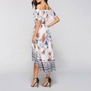 Women Off Shoulder Floral Print Dress Bohemian Beach Swing Dress (White M