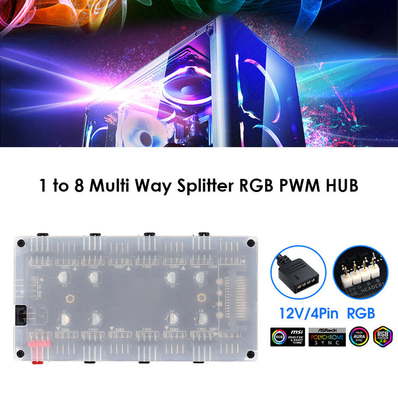 1 To 8 Multi Way Splitter RGB PWM HUB 12V/4 Pin  for PC Fan Cooler Motherboard