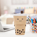 Retractable Milk Tea Pencil Case Stationery Storage Pen Holder (Brown) Newly