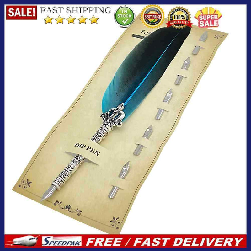 Calligraphy Feather Dip Pen with 5 Nib Writing Ink Quill Fountain Pen Retro