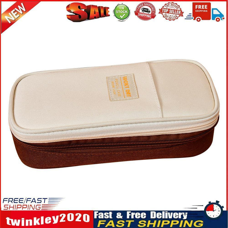 Canvas Pencil Case Double Layer Large Capacity Stationery Pen Box (Brown) Newly
