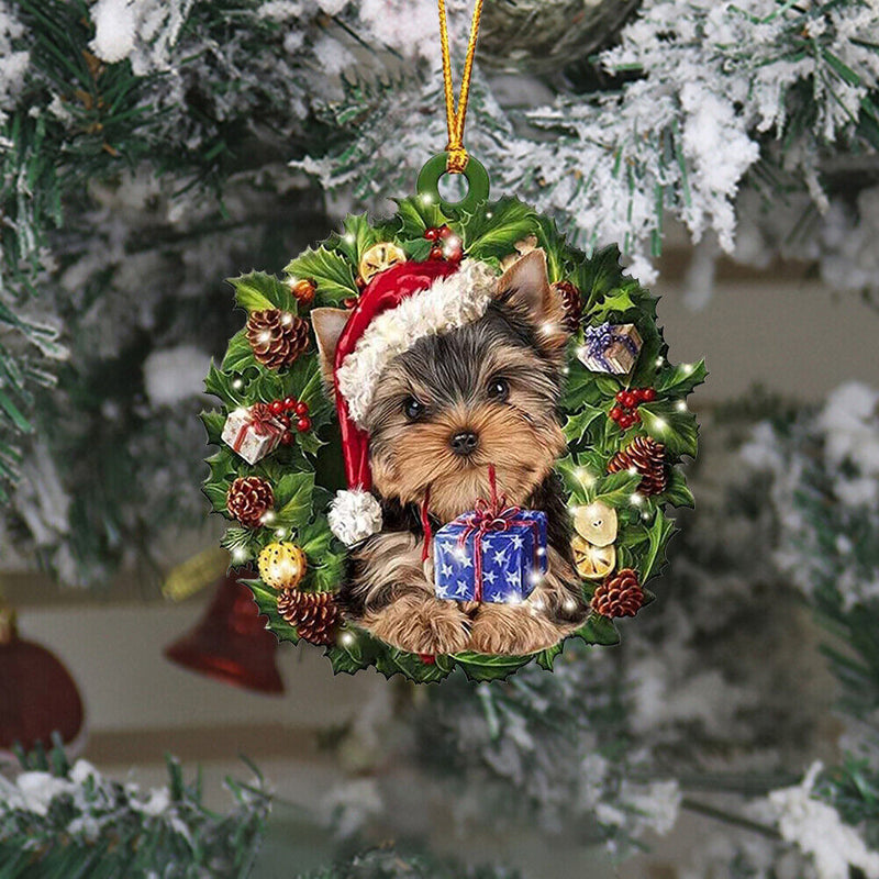 Christmas Wood Dog Wreath Pendant Home Wall Xmas Tree Festival Decor (A) Newly