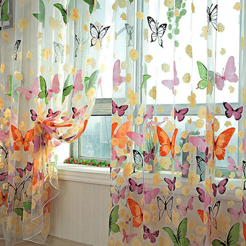 2pcs Colorful Butterlfly Printing Burnt-out Curtain Sheer Organdy Panel