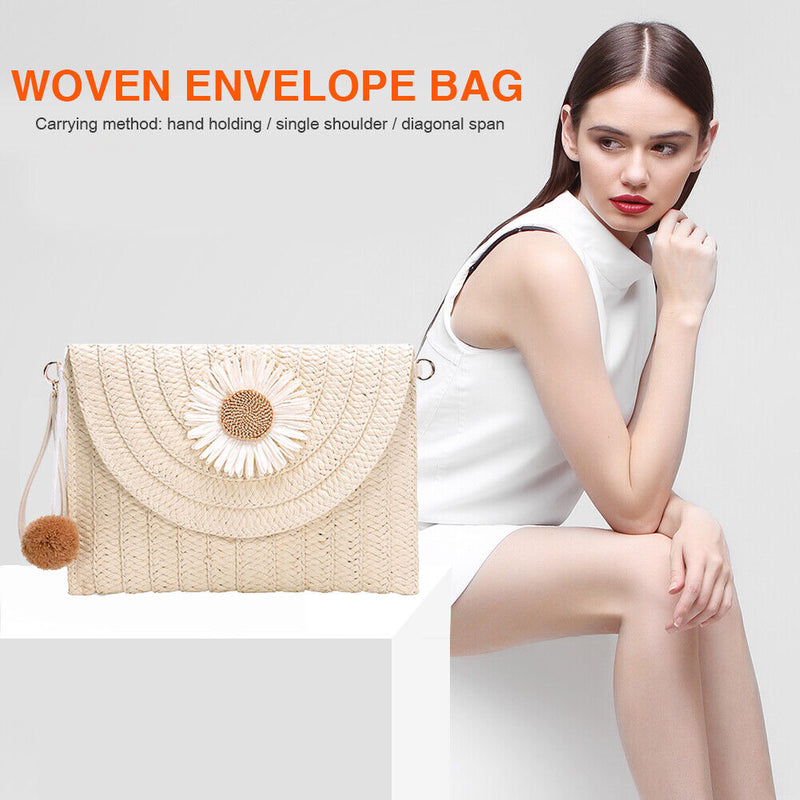 Straw Clutch Bag Women Woven Pompom Flower Shoulder Crossbody Purse Handbag