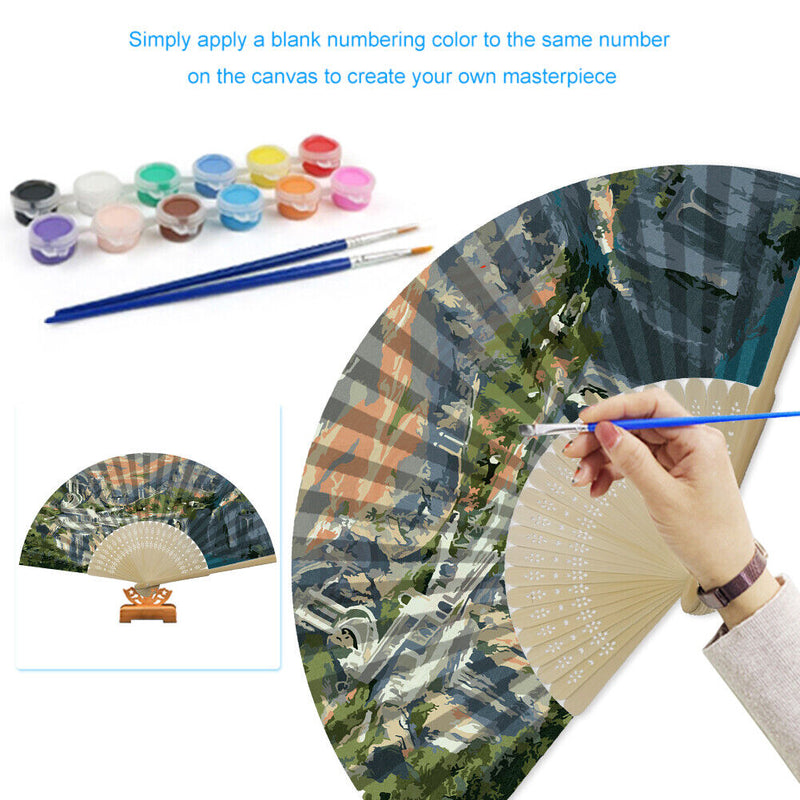 Mountains Castle Oil Paint Folding Fan By Numbers DIY Painted Handmade Crafts