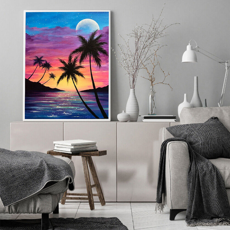 Frameless Oil Paint By Numbers DIY Beach Sunset Picture Craft Kit for Bedroom