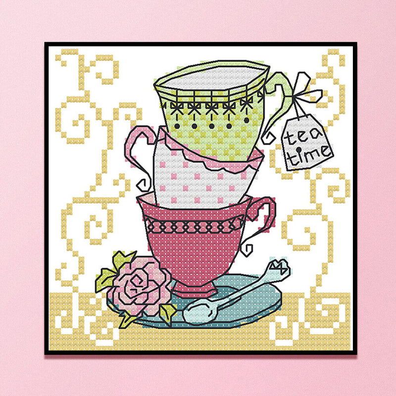 Tea Cup Partial Cross Stitch 11CT Counted Cotton Handmade Needlework Decor