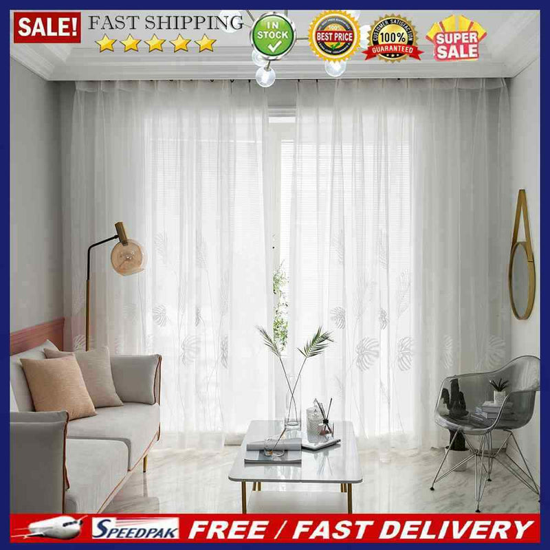 2pcs Palm Leaf Windows Tulle Curtains Bedroom Screen Drapes (White)