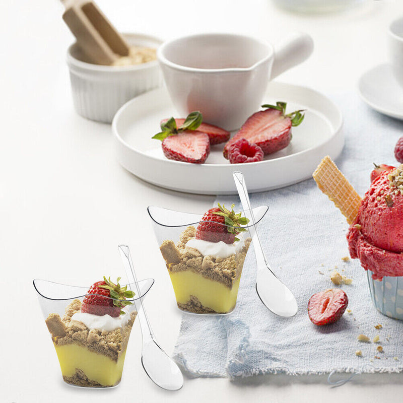50pcs Clear Cup Kitchen Decor Cake Cup with Spoon Set for Tasting Pudding Yogurt