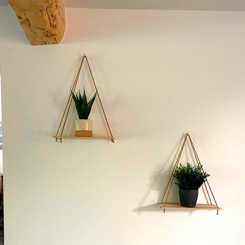 Wooden Swing Hanging Rope Ornament Rack Wall Mounted Shelves Plant Pot Holder