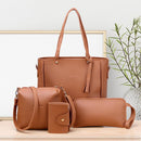 4pcs/Set Lichi Leather Tassels Women Tote Shoulder Clutch Bags (Light Brown
