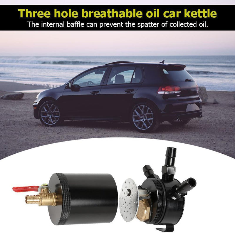3-Port Baffled Oil Catch Can Tank 2 Inlets 1 Outlet with Drain Valve Black